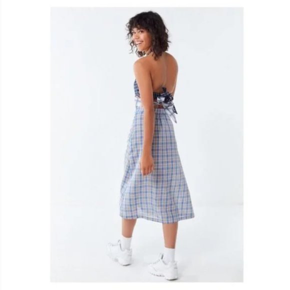 Urban Outfitters Plaid Patchwork Halter Open Back Tie Midi Dress - Picture 4 of 14